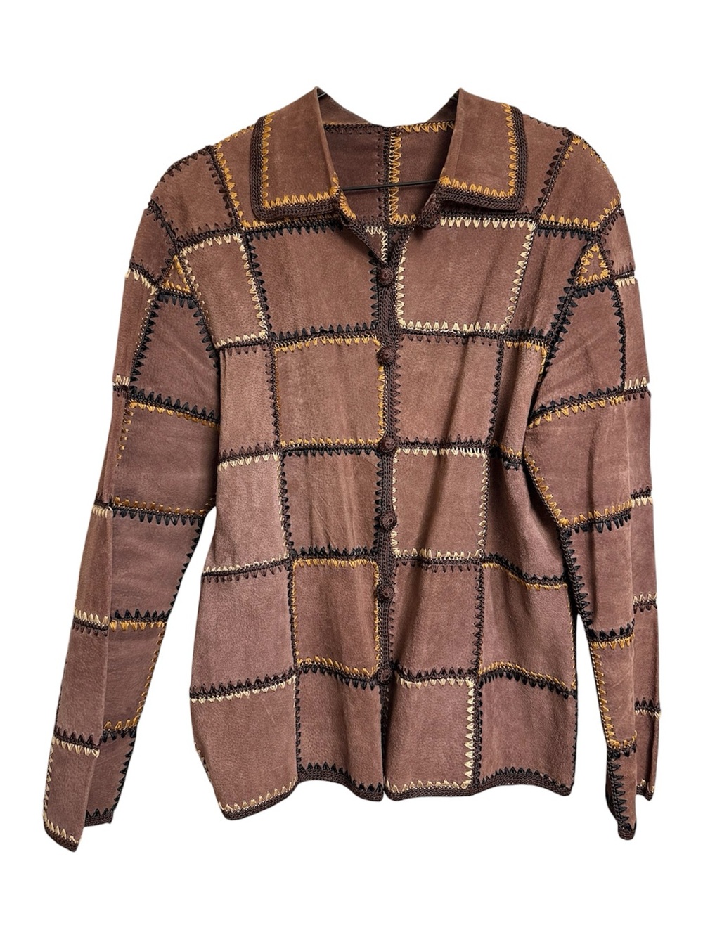 Vintage Genuine Suede Leather Patchwork Crochet Jacket Brown Boho Western